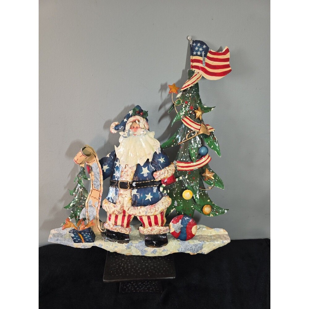 Vtg Metal Christmas Patriotic Santa Wall Hanging Hand Painted 3D Layered 18"x16"